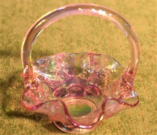 Fenton Glass Basket Pink Iridescent Ruffled Edge Emboss Grapes Rope Handle K1