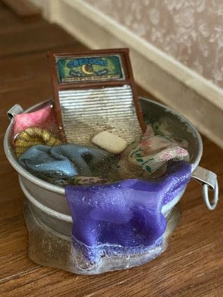 Vintage Miniature Dollhouse Artisan Laundry Washboard Water Basin Tub Diorama