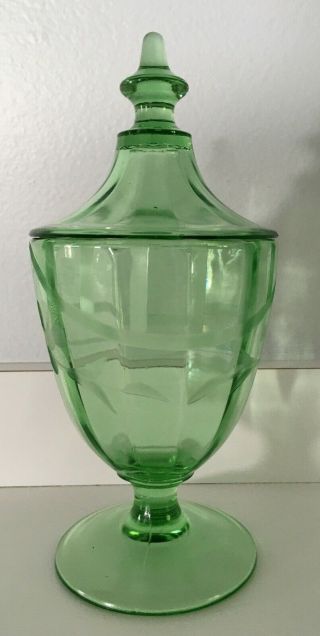 Depression Era: Green Footed,  Etched Candy Dish With Lid