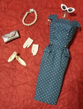 Vintage Barbie " On The Go " Blue Polka Dot Sheath Dress W/accessories