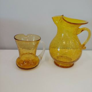 2 Vintage Gold Yellow Pitchers Crackle Glass,  Left Hand Pour,  Regular 3.  5 ",  6 "