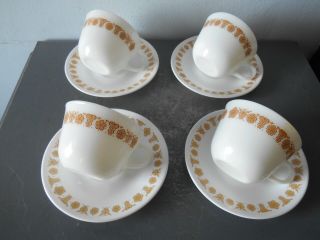 Set/4 Butterfly Gold Corelle Corning Pyrex 8 Oz.  Coffee/tea Cups And Saucers