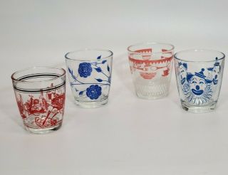 Vintage Mcm Set Of 4 Retro Small Juice Glasses Blue Red Peach 3.  5 " Tall Colorful