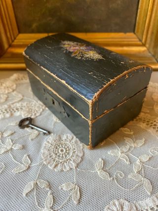 Antique Miniature Wooden Dome Top Doll Trunk With Key