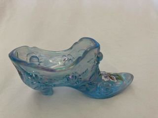 Fenton,  Slipper / Shoe,  Light Blue Iridescent Glass,  Hand Painted Signed