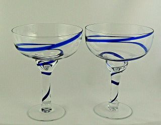 Swirline Cobalt Blue By Pier 1 - Margarita Glasses - Set Of 2 - 7 1/8 " Tall