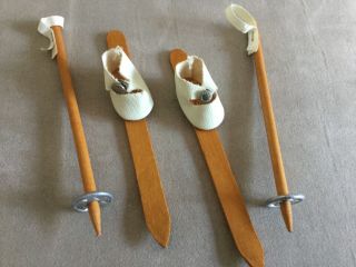 Doll Shoes Ginny Alexkin Muffie Wooden Skis And Poles,  White Center Snaps 1950s