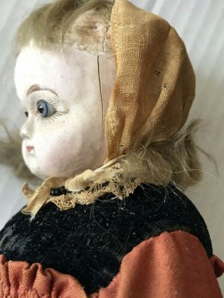 Antique French Mignonette Paper Mache Head Velvet Dress Glass Eye Leather Body 2
