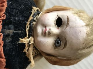 Antique French Mignonette Paper Mache Head Velvet Dress Glass Eye Leather Body 3