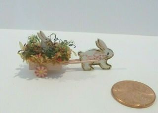 Karen Markland Miniature Wooden Bunny Pulling Cart With Flowers & Bunny Rider