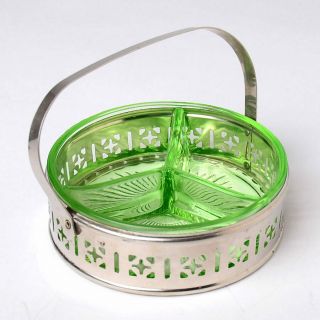 Green Vaseline Glass Divided Condiment Relish Dish In Metal Basket Caddy
