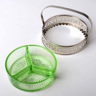Green Vaseline Glass Divided Condiment Relish Dish in Metal Basket Caddy 2