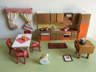 Vintage Lundby Doll House Continental Kitchen Set,  Table,  Curtain & More 1974