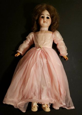 Antique 22 " German Bisque Head Composition Doll 1894 Am 7 Dep Pink Dress W/ Wig