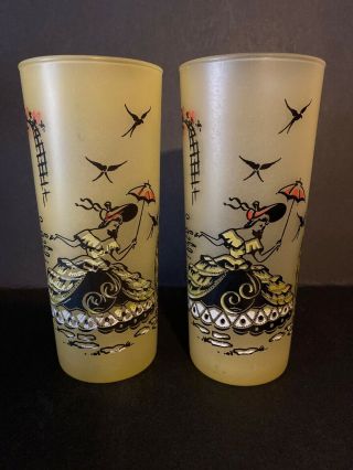 (2) Yellow Frosted Libbey Victorian Southern Belle Highball Tom Collins Glasses