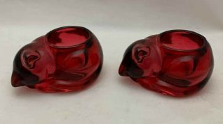Indiana Glass Ruby Red Sleeping Cat Candle Holders (pair)