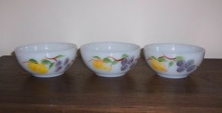 3 Gay Fad Milk Glass 5 " Bowl - Fire - King Oven Ware - Hand Painted Fruit