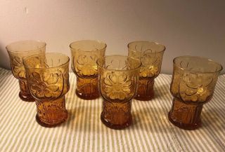 6 Vintage Amber Glass Country Garden Daisy Flower Juice Glasses