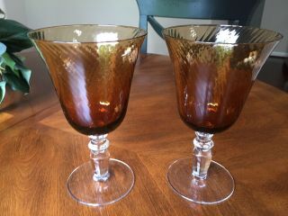 Two (2) Vintage Amber Brown Wine Water Goblets Swirl Pattern 7 1/2 "