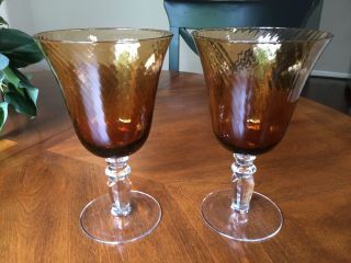 Two (2) Vintage Amber Brown Wine Water Goblets Swirl Pattern 7 1/2 