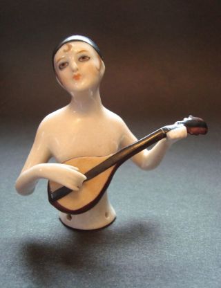 C - 16 Antique German Porcelain Pierrot Mandoline Half Doll Pincushion