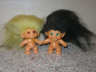 Vintage 1960’s Dam Troll Dolls With Mohair Hair 3“ W/ Green Amber Eyes