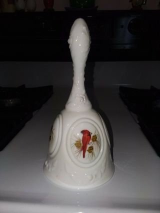 Vintage Signed Fenton Milk Glass Bell With Cardinals - Artist Signed P.  Bennett