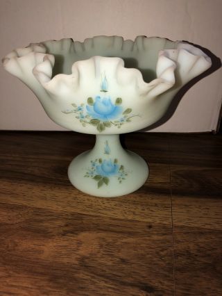 Vtg Fenton Hand Painted Blue Satin Glass Footed Compote Signed Beth Thornton
