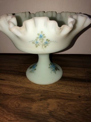 Vtg FENTON HAND PAINTED BLUE SATIN GLASS FOOTED COMPOTE SIGNED Beth Thornton 2