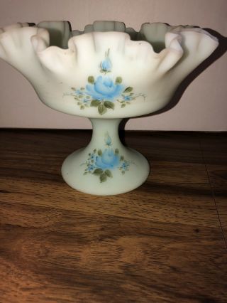 Vtg FENTON HAND PAINTED BLUE SATIN GLASS FOOTED COMPOTE SIGNED Beth Thornton 3