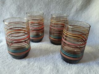 Set Of 4 Vintage Mcm Striped (red,  Yellow Green &blue) Amber Juice Glasses