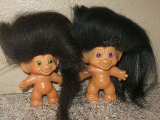 Vintage 1960’s Dam Troll Dolls With Mohair Hair 3“ W/ Purple Green Eyes