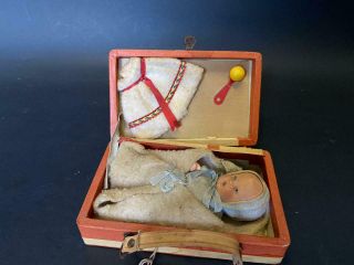 Antique Tiny German Bisque Baby Doll In Travel Suitcase W/accessories Vintage