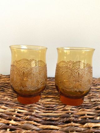 Set Of 2 Vintage Libbey Amber Glasses Tumblers Americana Embossed Pattern