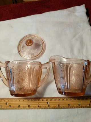 Pink Depression Glass Floral Etched Creamer And Double Handle Sugar Bowl 3 " H