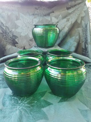 5 National Potteries Ohio Ribbed Beehive Emerald Green Glass Bowl Planter Vase