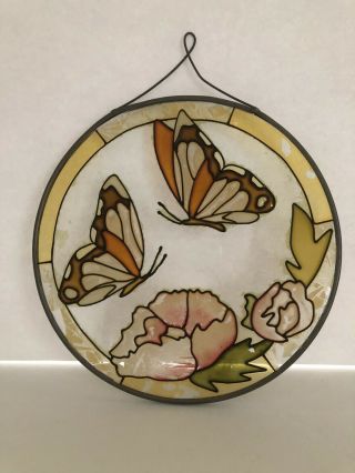 Vintage Stained Glass Window Sun Catcher Butterflies Floral Metal Trim