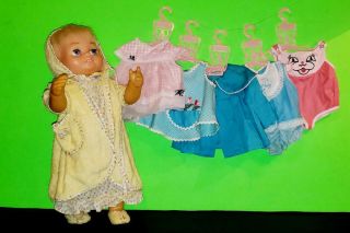 Vintage Mattel Tiny Chatty Baby In Vinyl Case W/5 Outfits Plus Accessories