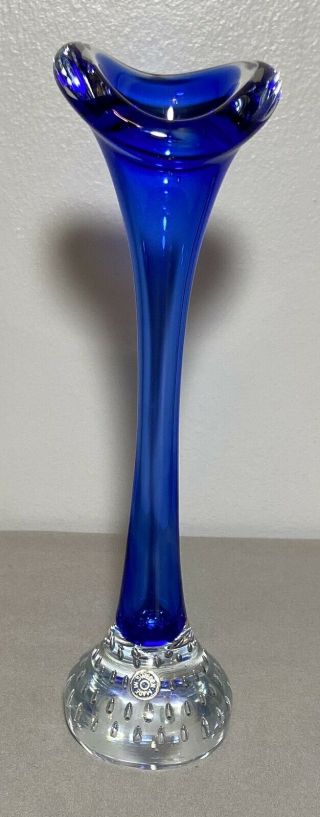 Hand Blown Art Glass Cobalt Blue & Clear Controlled Bubbles Bud Vase 9” Tall