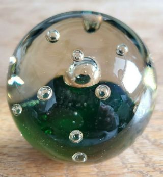 Vintage Round Green Art Glass Ball Paperweight With Controlled Bubbles