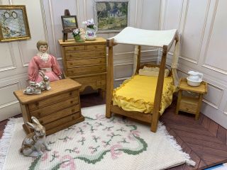 Dollhouse Miniature Vintage Sonia Messer 4pc Oak Bedroom Set,  Doll 1/12 Scale