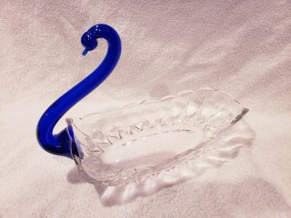 Art Glass Swan Cobalt Blue And Clear Glass Candy Bowl Trinket Dish