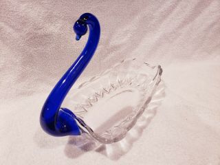 Art Glass Swan Cobalt Blue and Clear Glass Candy Bowl Trinket Dish 2