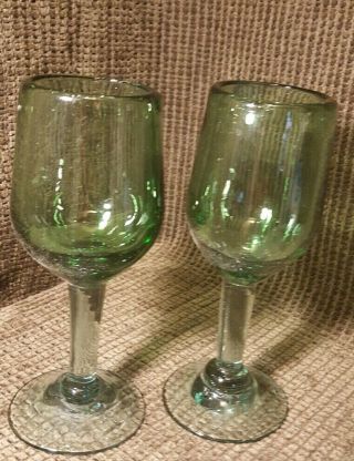 Hand Blown 8 Oz Wine Goblets Glasses Green Heavy Rustic Set Of 2 Unknown Maker