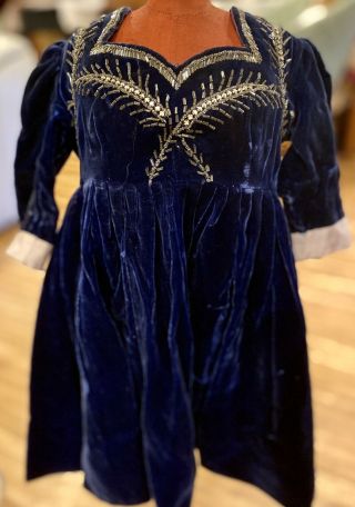 630 Gorgeous Antique Beaded Navy Velvet Dress For Antique Bisque Or Early Doll