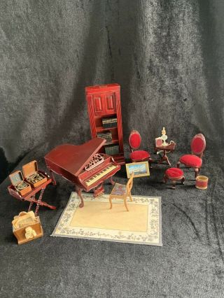 Wooden Doll House Furniture Red Velvet Chairs Living Roomset W/ Grand Piano (d - 12