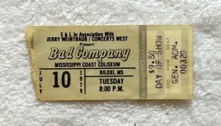 Bad Company • 1979 Concert Ticket Stub • Biloxi,  Mississippi Coliseum