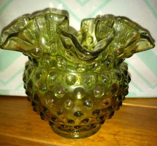 Pretty Vintage Fenton Green Glass Hobnail Vase Short Ruffled Edge Vase Perfect