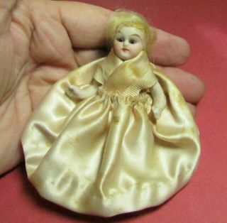 Antique 4 " Bisque Doll With Hair And Glass Eyes
