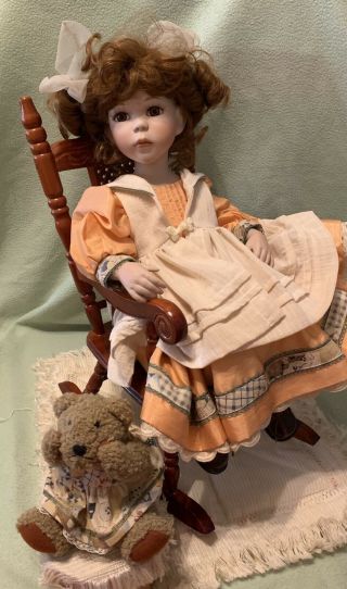 Seymour Mann Porcelain Doll,  Sarah,  W/ Wooden Rocking Chair,  Teddy Bear & Rug